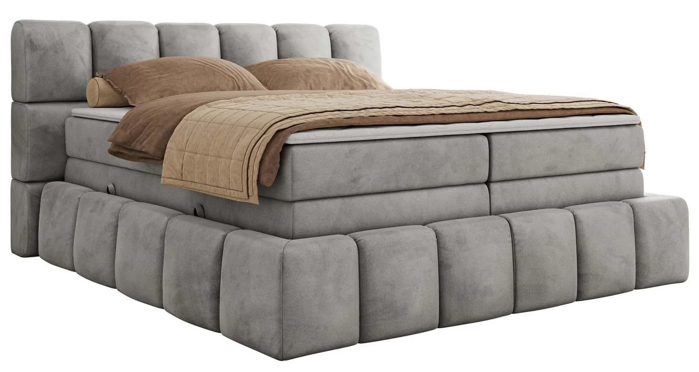 MKS MÖBEL Boxspringbett NIRA KING Grau mit Topper & Bettkasten