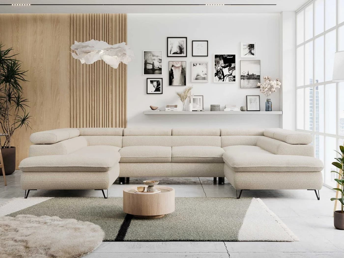 MKS MÖBEL Ecksofa PETER U Beige Bouclé mit Schlaffunktion & Bettkasten - Bild 2