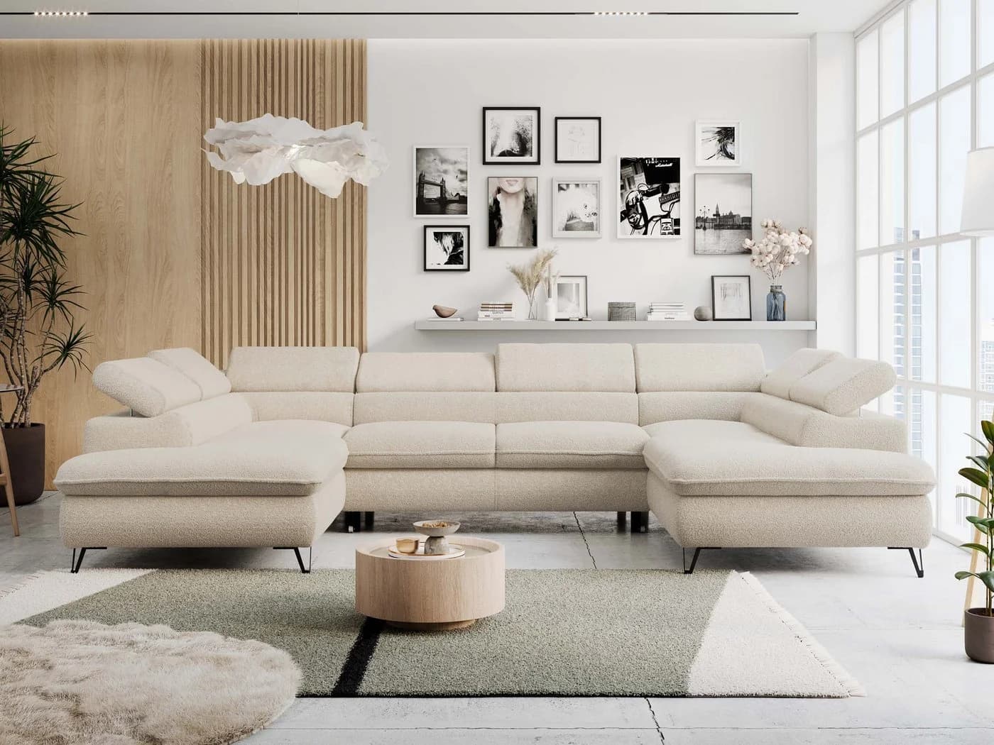 MKS MÖBEL Ecksofa PETER U Beige Bouclé mit Schlaffunktion & Bettkasten - Bild 3