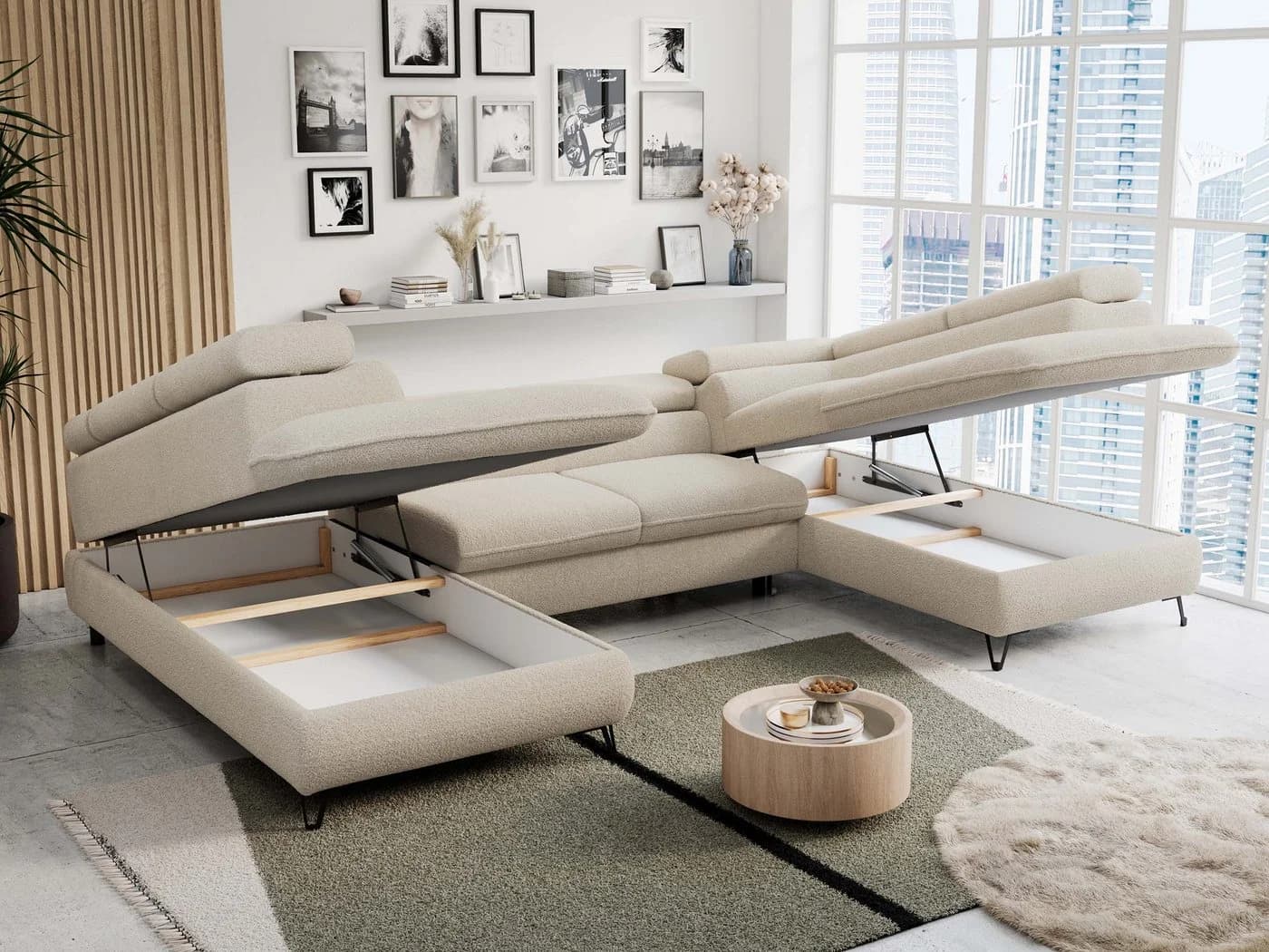 MKS MÖBEL Ecksofa PETER U Beige Bouclé mit Schlaffunktion & Bettkasten - Bild 4