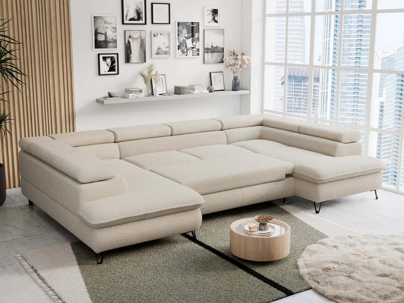 MKS MÖBEL Ecksofa PETER U Beige Bouclé mit Schlaffunktion & Bettkasten - Bild 5