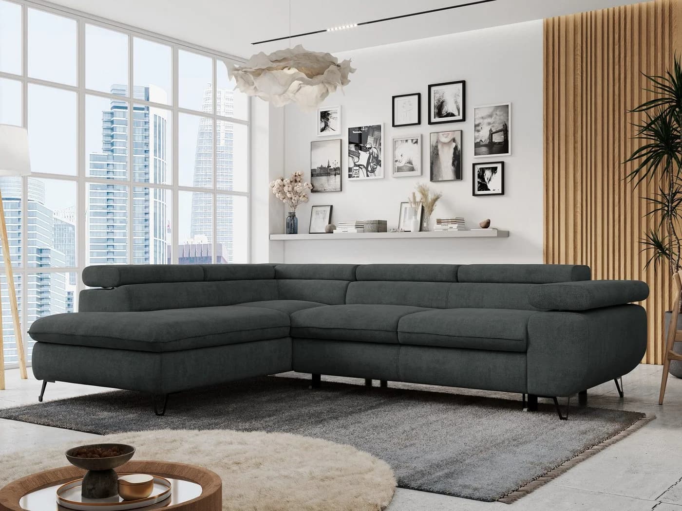 MKS MÖBEL Ecksofa PETER L, HR35-Schaum, Wellenfederkern, Bettfunktion, Einstellbare Kopfstützen, Bettkasten