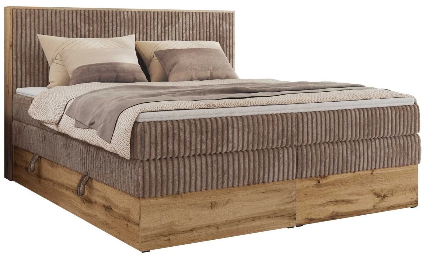 MKS MÖBEL Boxspringbett WOOD CLASSIC KING mit Kopfteil und Bettkästen