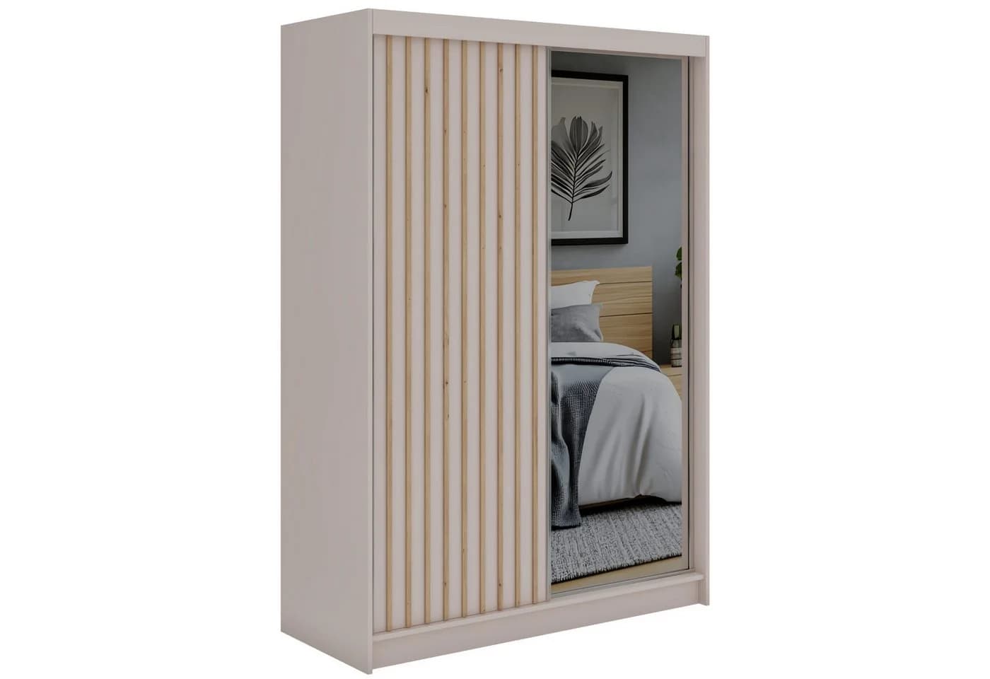 MKS MÖBEL Schiebetürenschrank LAOS 150 Beige Spiegel Lamellen