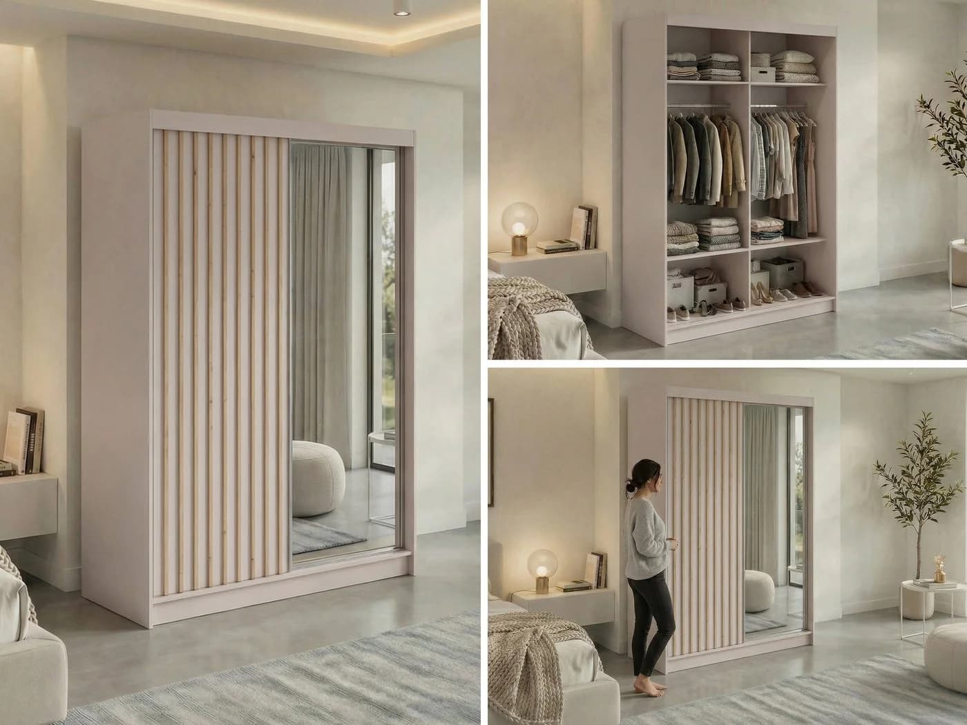MKS MÖBEL Schiebetürenschrank LAOS 150 Beige Spiegel Lamellen - Bild 3