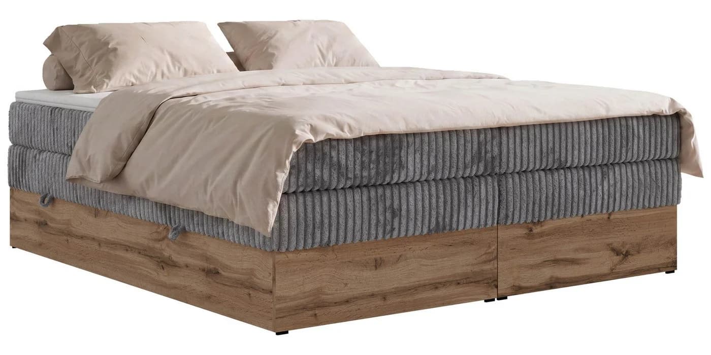 MKS MÖBEL Boxspringbett WOOD ZERO KING Grau mit Bettkasten