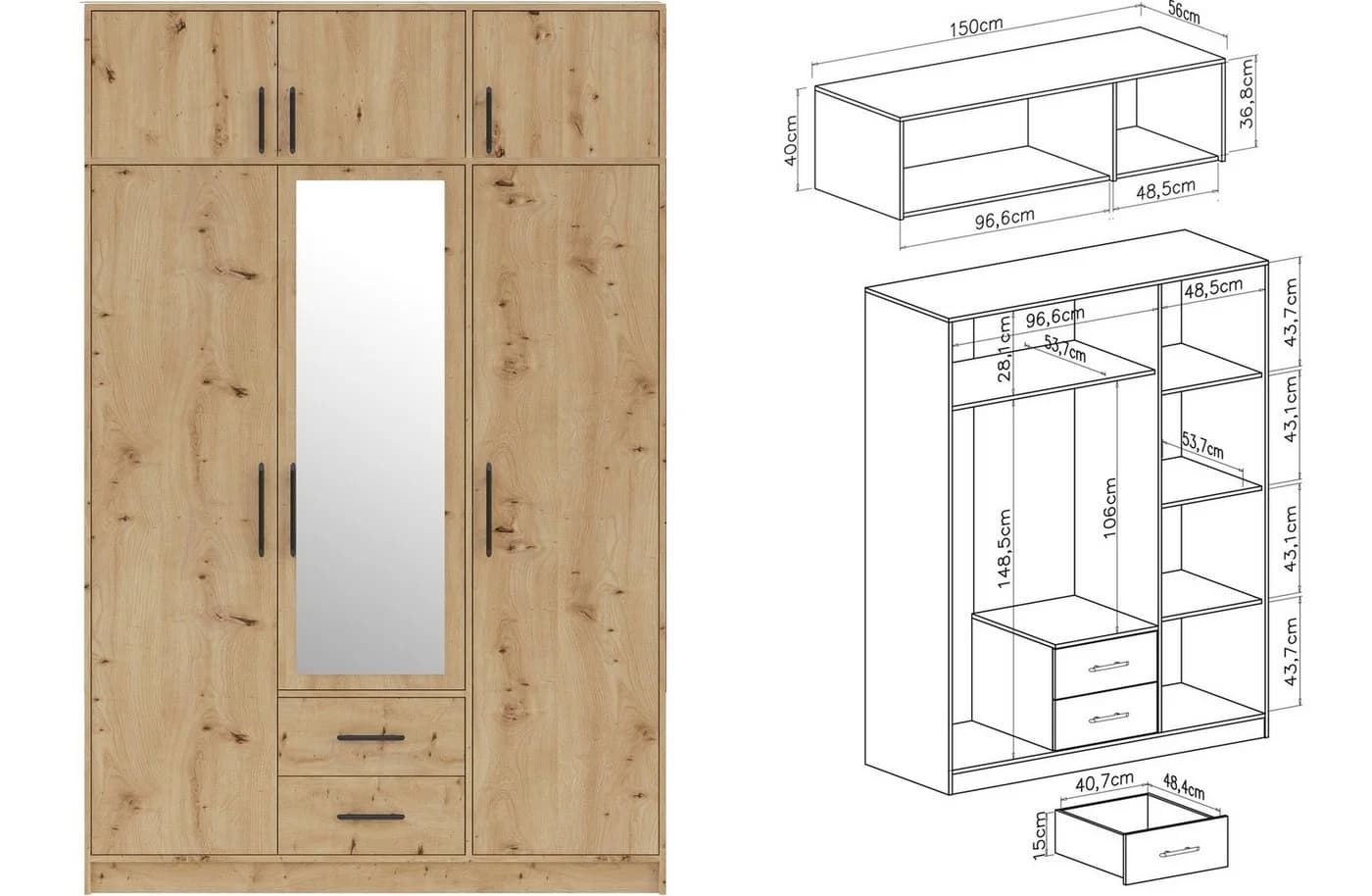 Marmex Garderobenschrank SMART 2+Spiegel/N Schwarz 150x230x56 cm