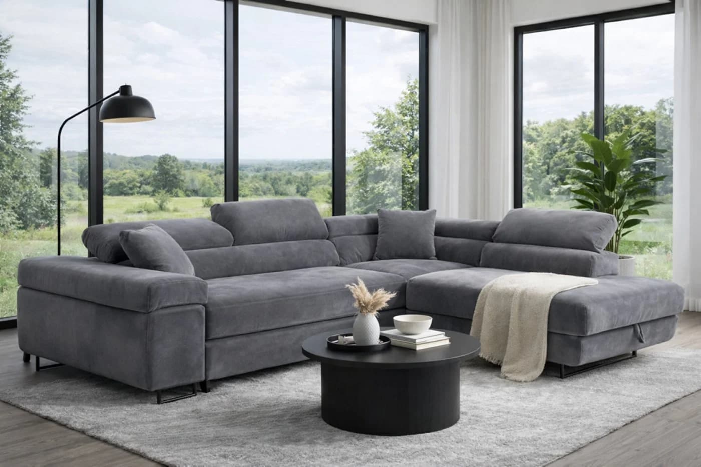 Labett Ecksofa GUERO mit Schlaffunktion & Bettkasten Grau Samt - Bild 2