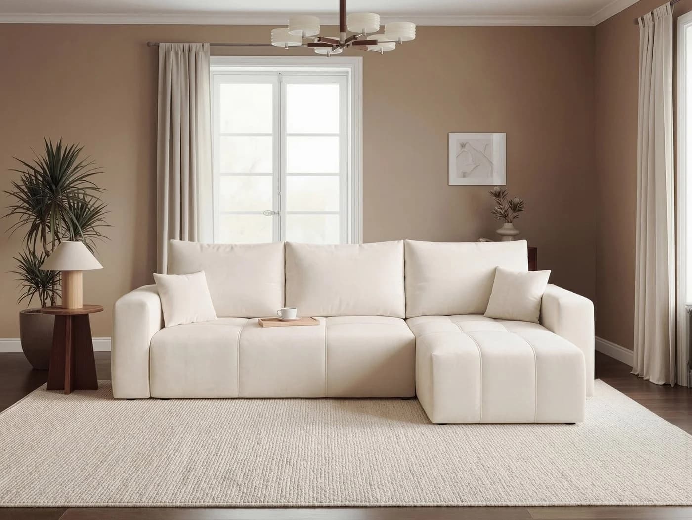 Labett Ecksofa PIANO L-Form mit Schlaffunktion & Bettkasten Creme