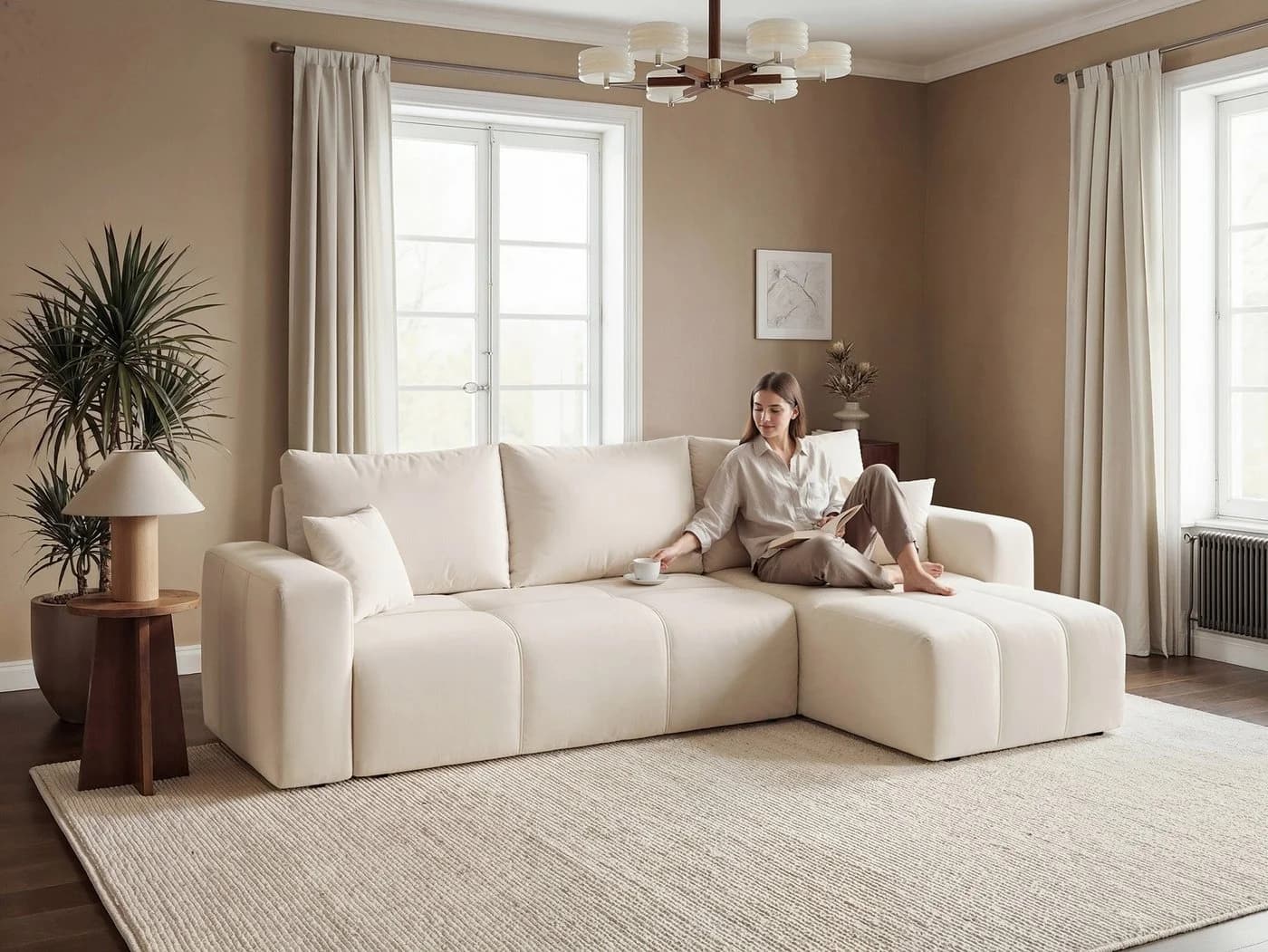 Labett Ecksofa PIANO L-Form mit Schlaffunktion & Bettkasten Creme - Bild 4