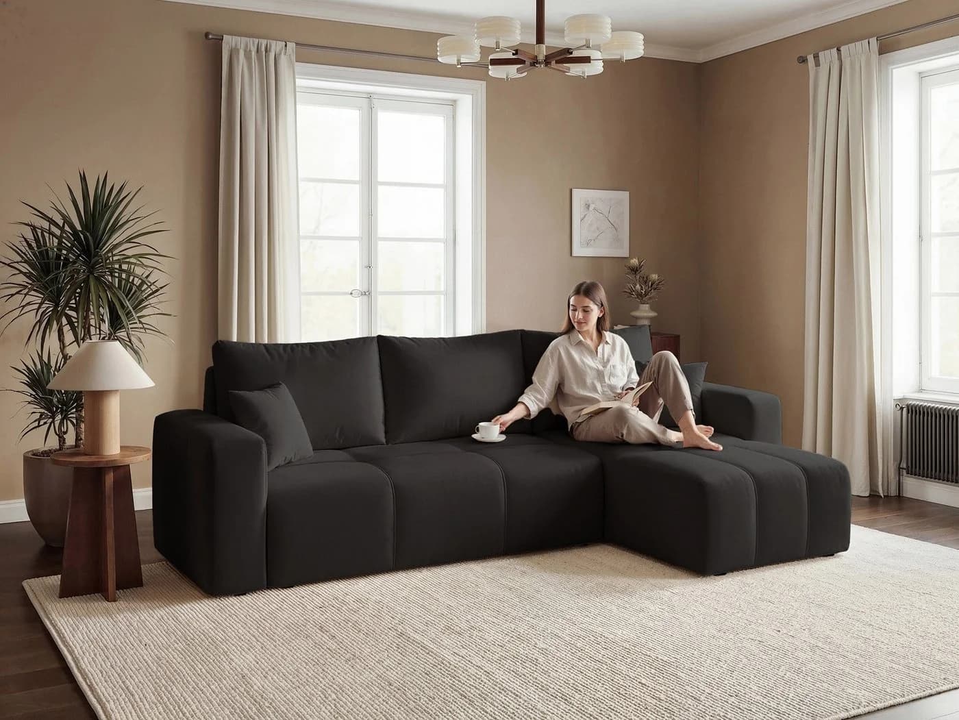 Labett Ecksofa mit Schlaffunktion & Bettkasten PIANO L-Form Schwarz - Bild 4