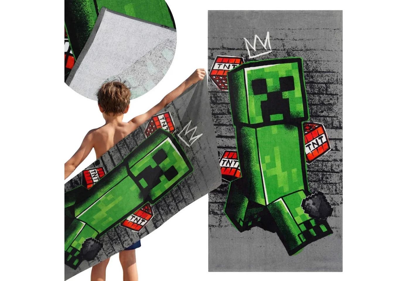 Minecraft Badetuch 100% Baumwolle Grau/Grün mit Creeper Motiv - Bild 2