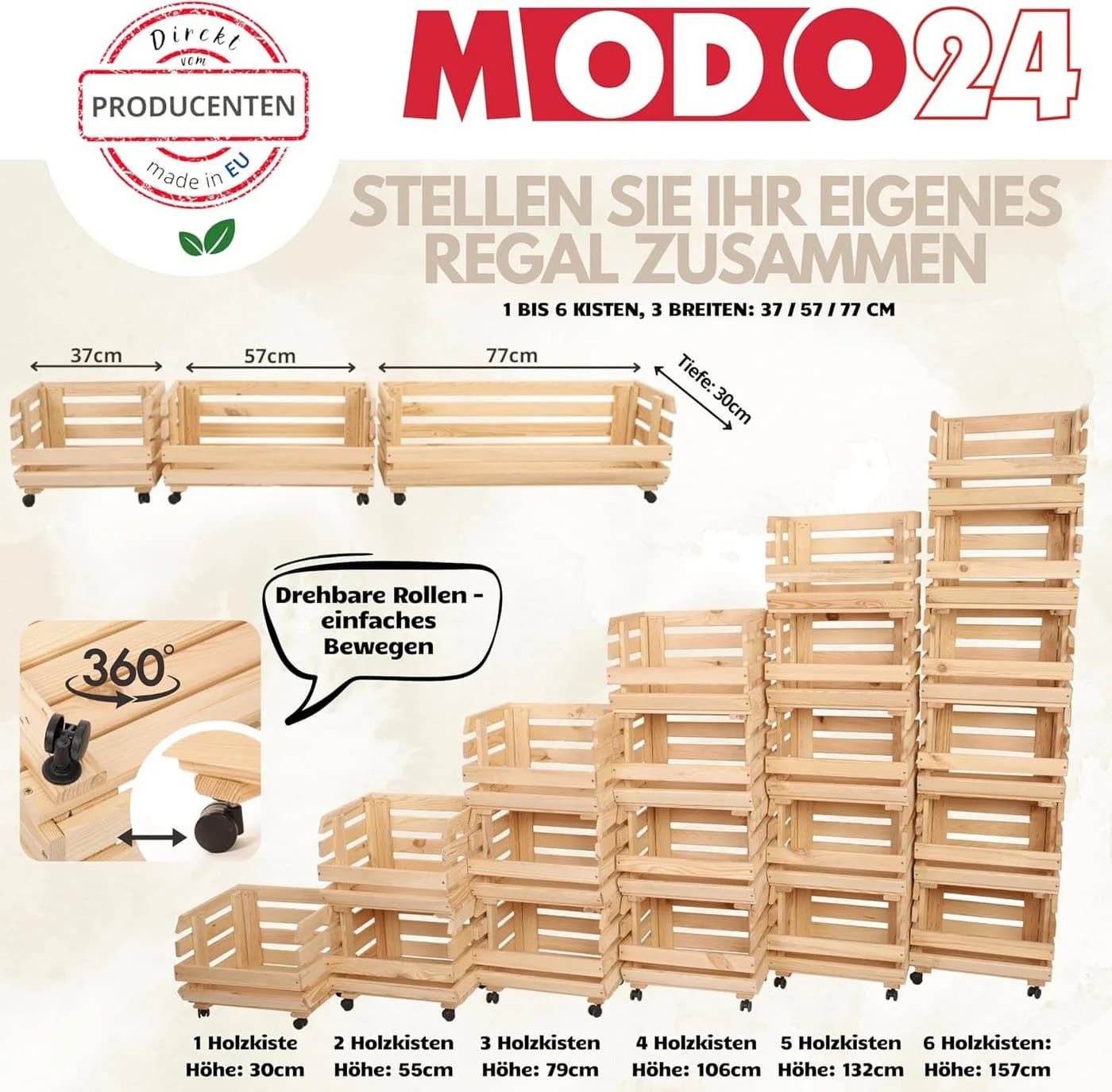 Modo24 Küchenregal Modular Holzregal auf Rollen Stapelbar Braun Grau - Bild 3