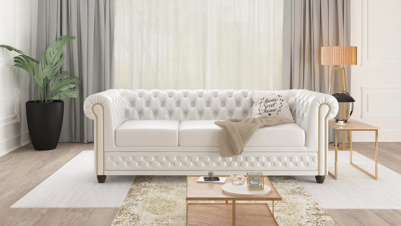 S-Style Möbel Chesterfield-Sofa Jeff 3-Sitzer Weiß Vegan Leder
