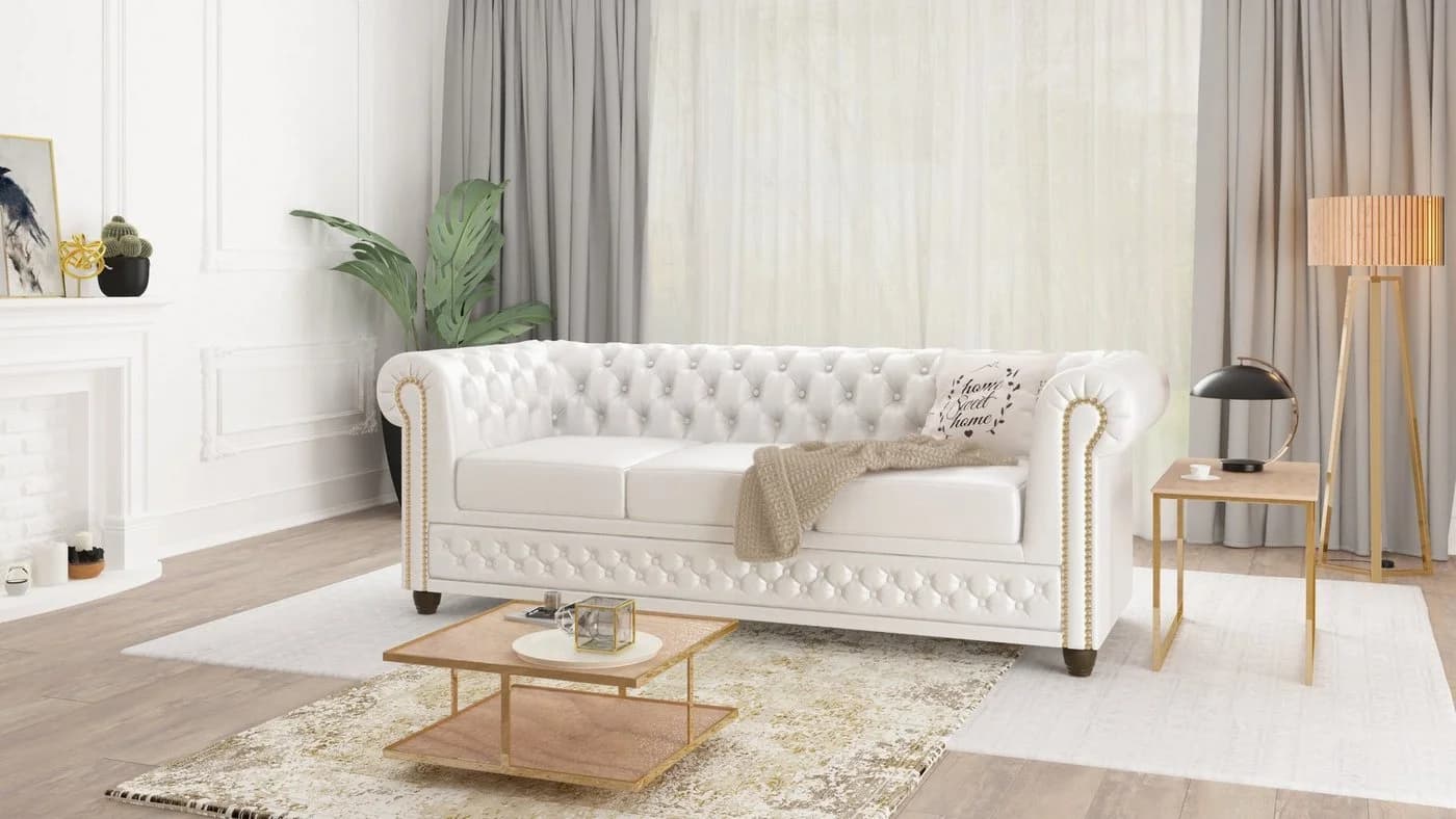 S-Style Möbel Chesterfield-Sofa Jeff 3-Sitzer Weiß Vegan Leder - Bild 2