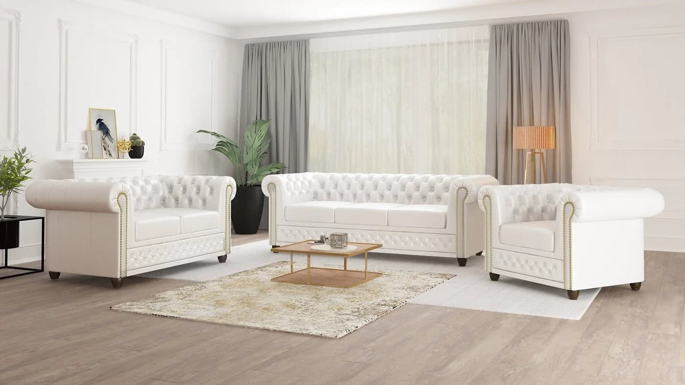 S-Style Möbel Chesterfield-Sofa Jeff 3-Sitzer Weiß Vegan Leder - Bild 3