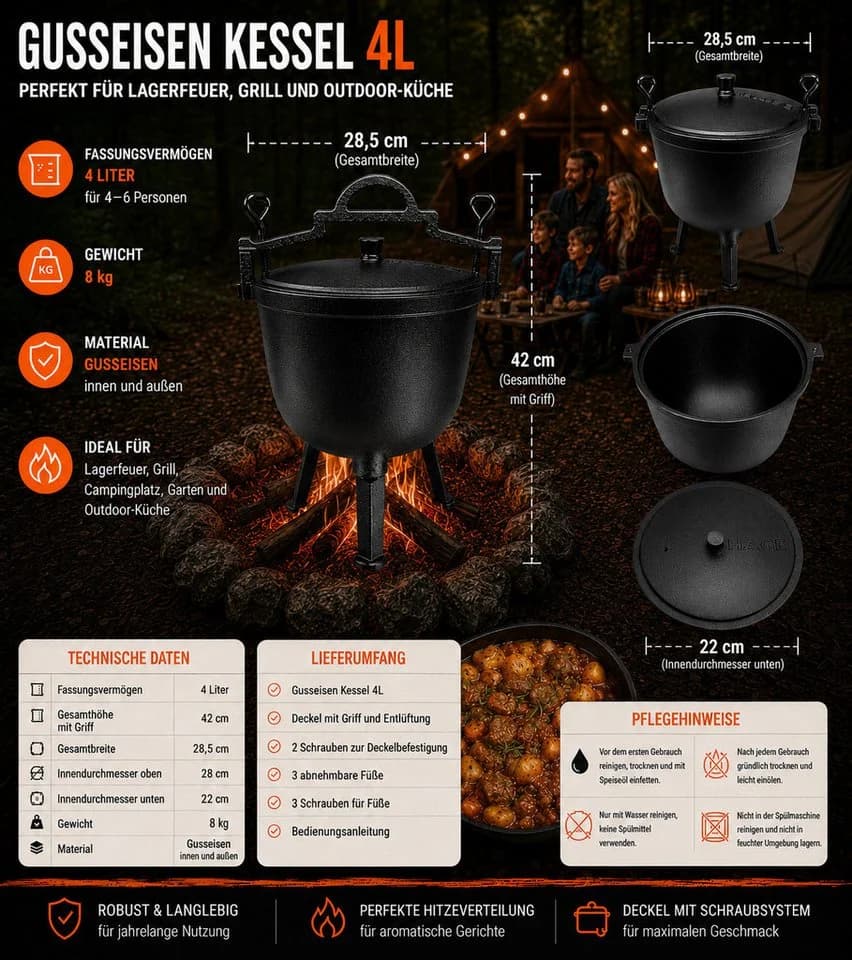 Hage Feuertopf Dutch Oven Schwarz Gusseisen 10L