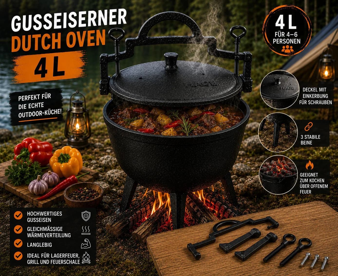 Hage Feuertopf Dutch Oven Schwarz Gusseisen 10L - Bild 3