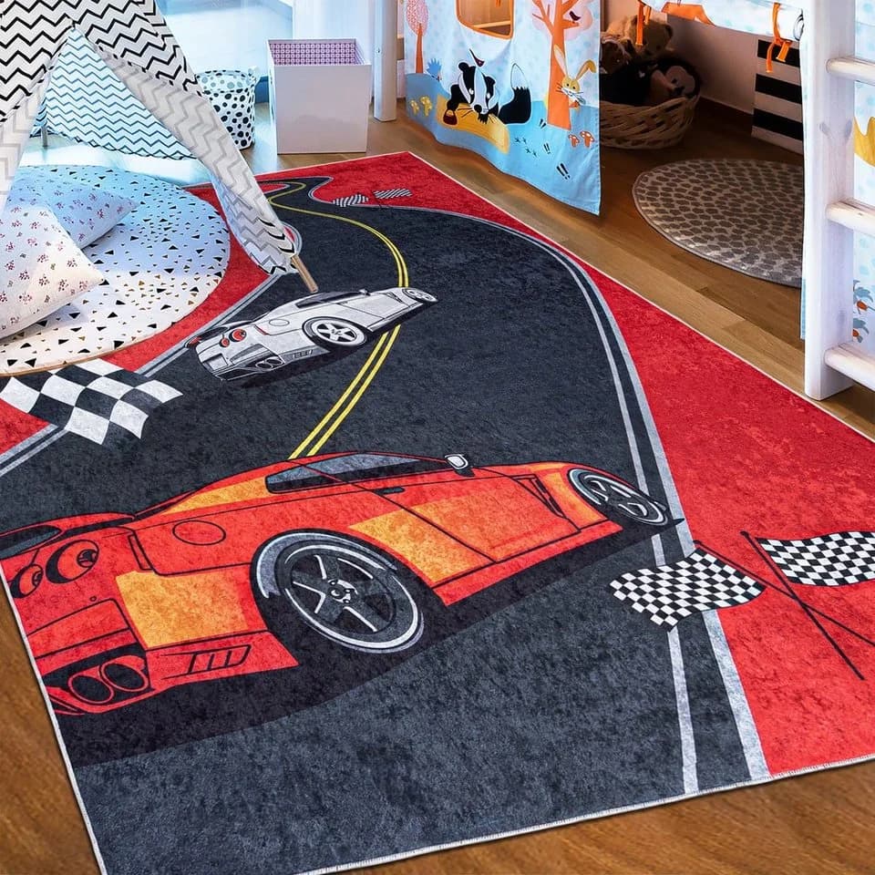 Mazovia Kinderteppich Rennauto Rot Schwarz Kurflor