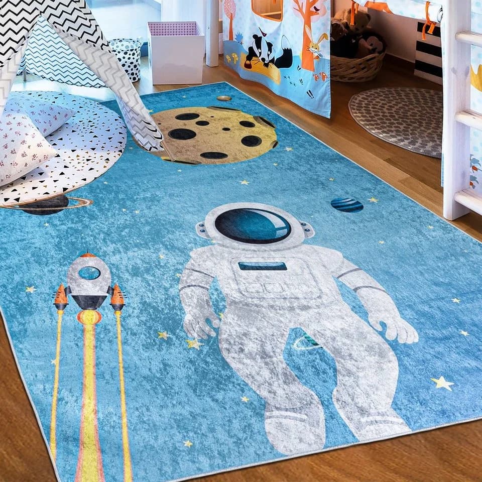 Mazovia Kinderteppich Planeten Weltraum Blau Kurflor