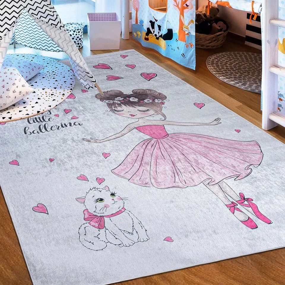 Mazovia Kinderteppich Ballett Ballerina Rosa Grau Kurzflor