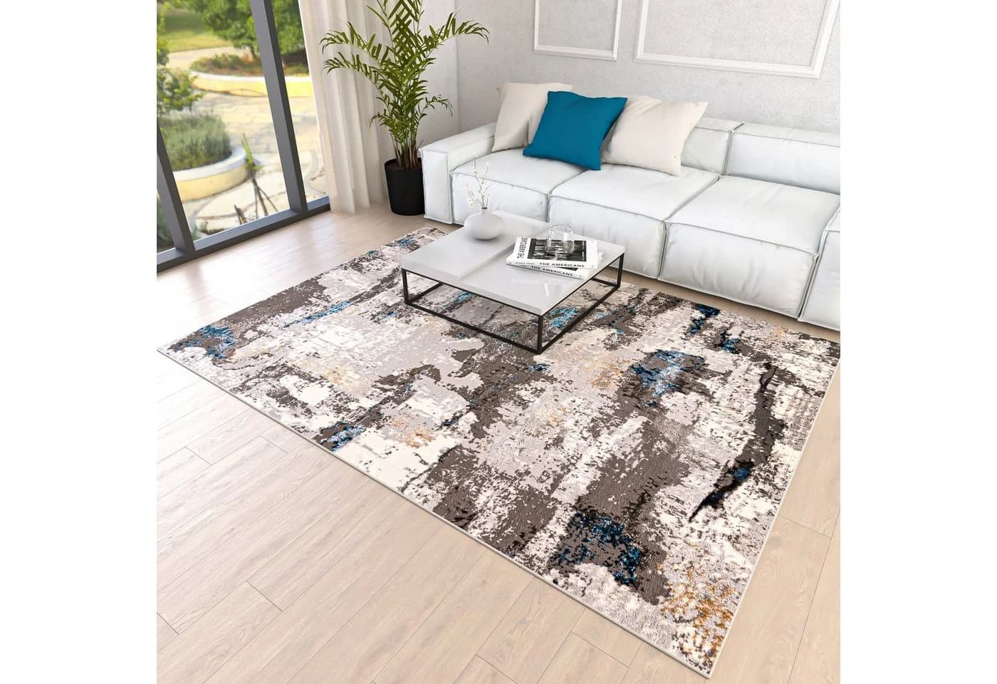 Mazovia Designteppich Modern Abstrakt Beige Blau Grau Kurzflor