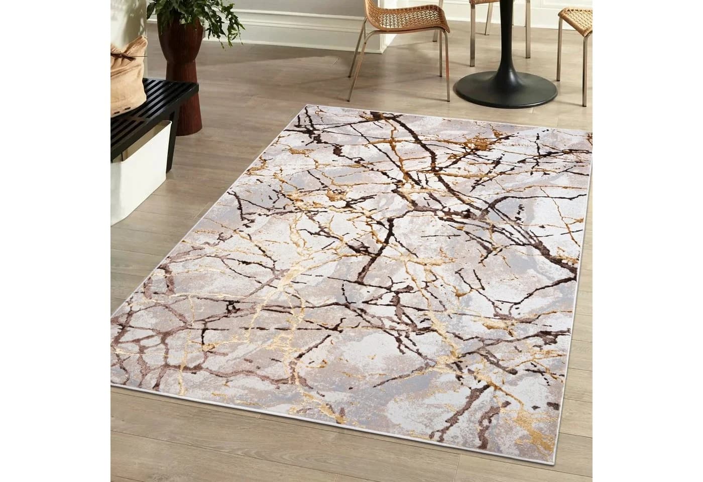 Mazovia Designteppich Beige Creme mit Gold Modern Vintage