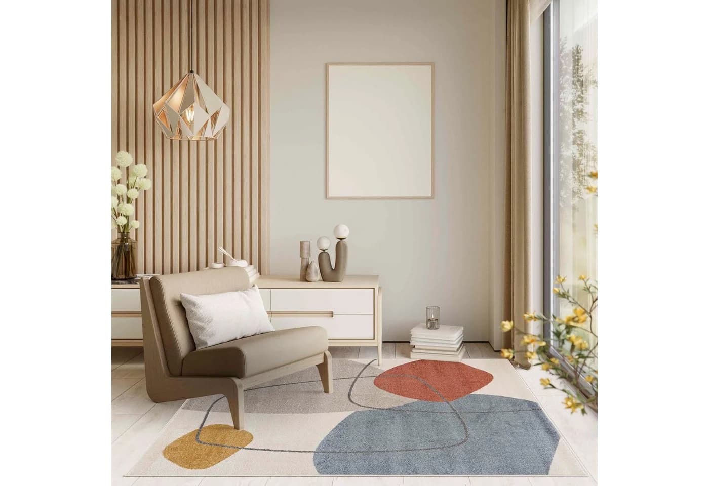 Mazovia Designteppich Modern Kurzflor Beige Grau Schwarz Japandi