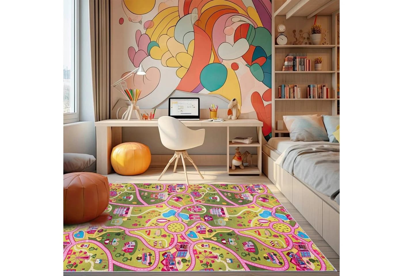 Mazovia Kinderteppich Straße Rosa Grün 80x150 cm Rutschfest