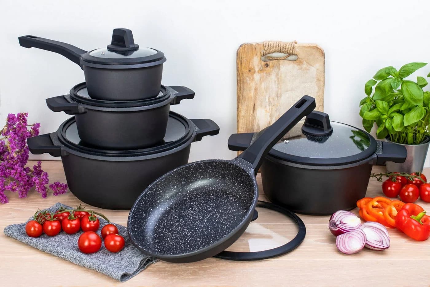 Edenberg Topf-Set 10-tlg. Schwarz Aluminium Keramik Induktion