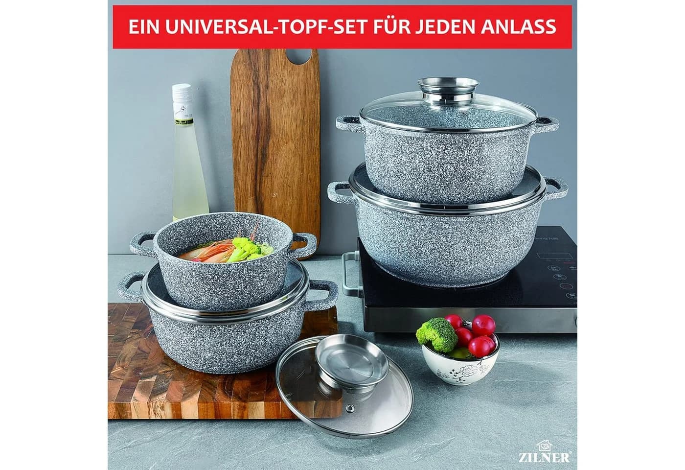 Zilner Topf-Set 8-tlg. Grau Aluminiumguss Keramik-Marmor - Bild 4