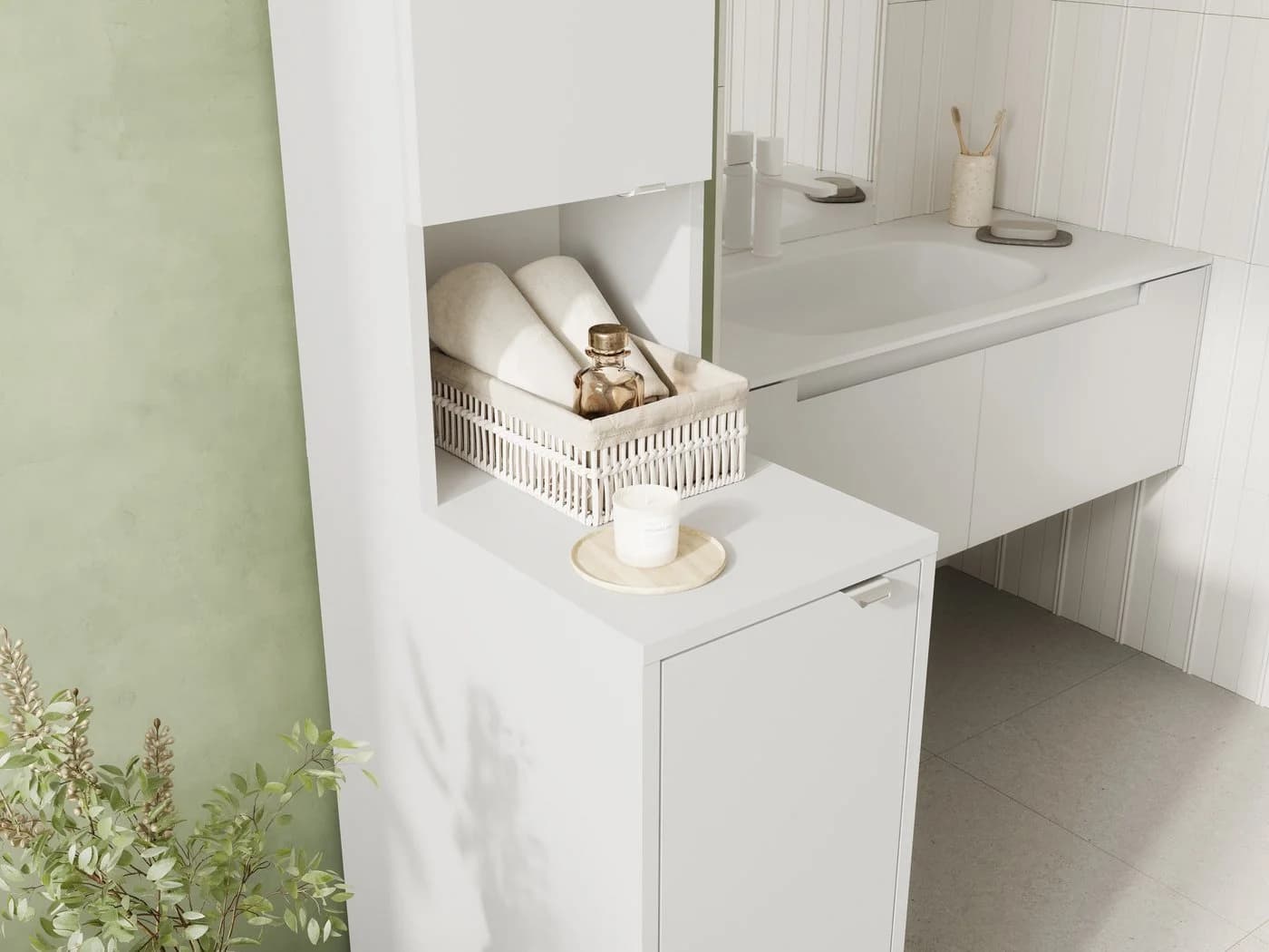 Platan Room LORA Badschrank Hochschrank Weiß Matt PVC - Bild 3