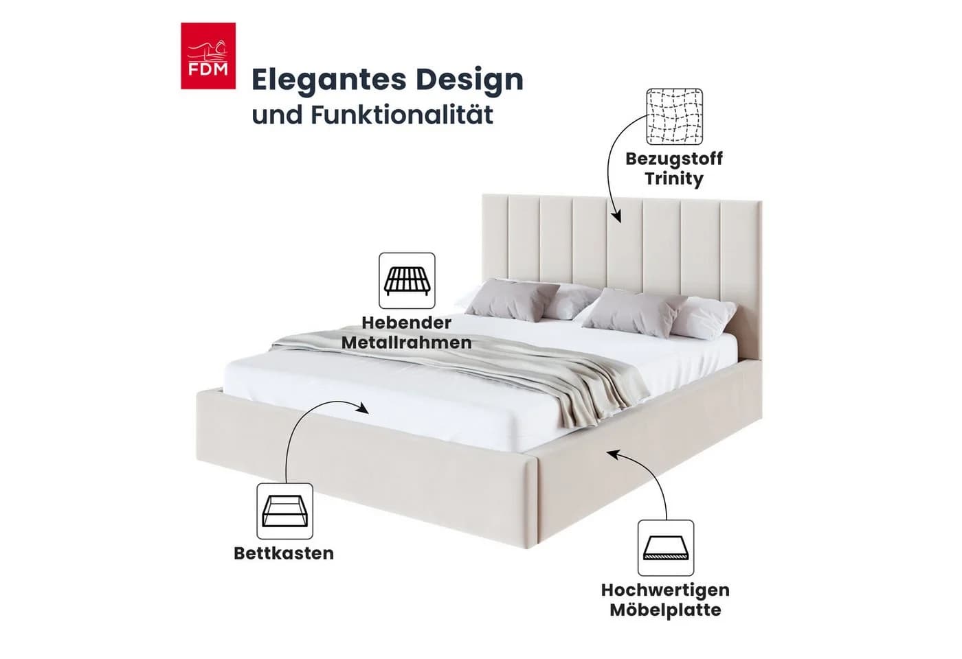 FDM Polsterbett KAJA Beige mit Bettkasten und gepolstertem Kopfteil - Bild 3
