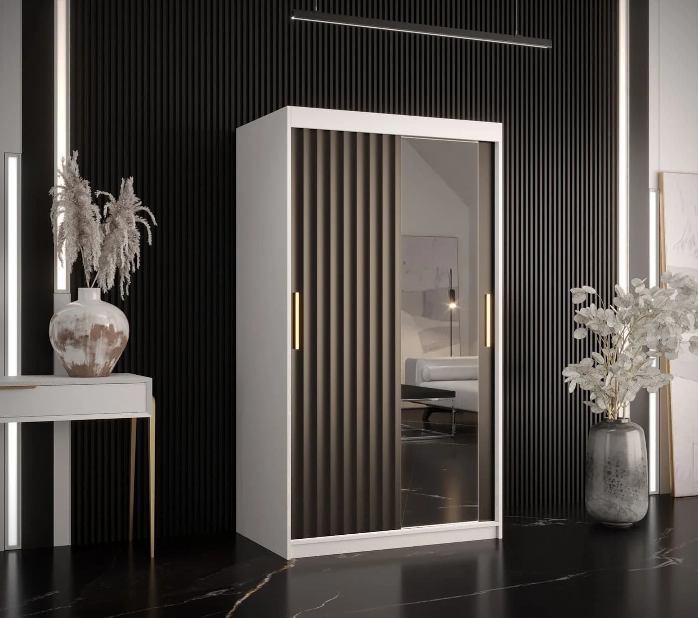 ABIKS MÖBEL Schwebetürenschrank RIFLO WAVE 2 Weiß/Schwarz mit Schiebetüren