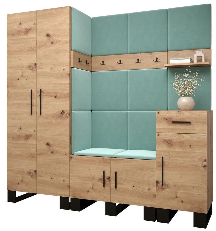 ABIKS MÖBEL Garderoben-Set ARTIN mit Polsterpaneelen Industriell Design Eiche - Bild 2