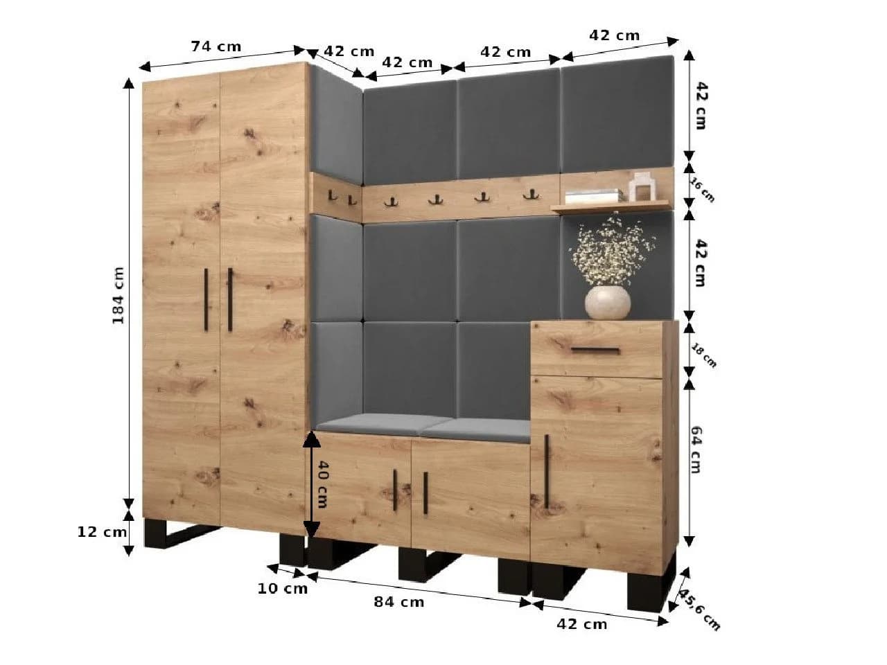 ABIKS MÖBEL Garderoben-Set ARTIN mit Polsterpaneelen Industriell Design Eiche - Bild 4