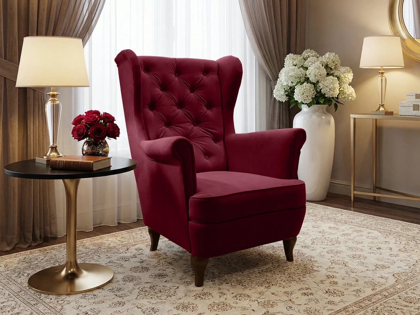 Beautysofa Ohrensessel FALCO Chesterfield Sessel Samt Rotwein - Bild 2