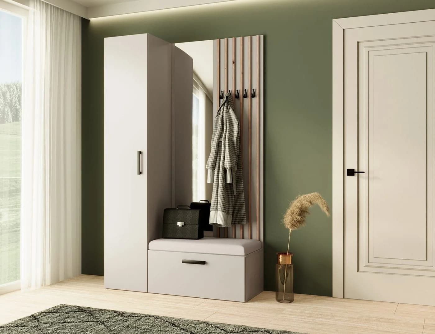 Beautysofa Garderoben-Set MARGARET mit Spiegel, Kleiderschrank & Sitzbank