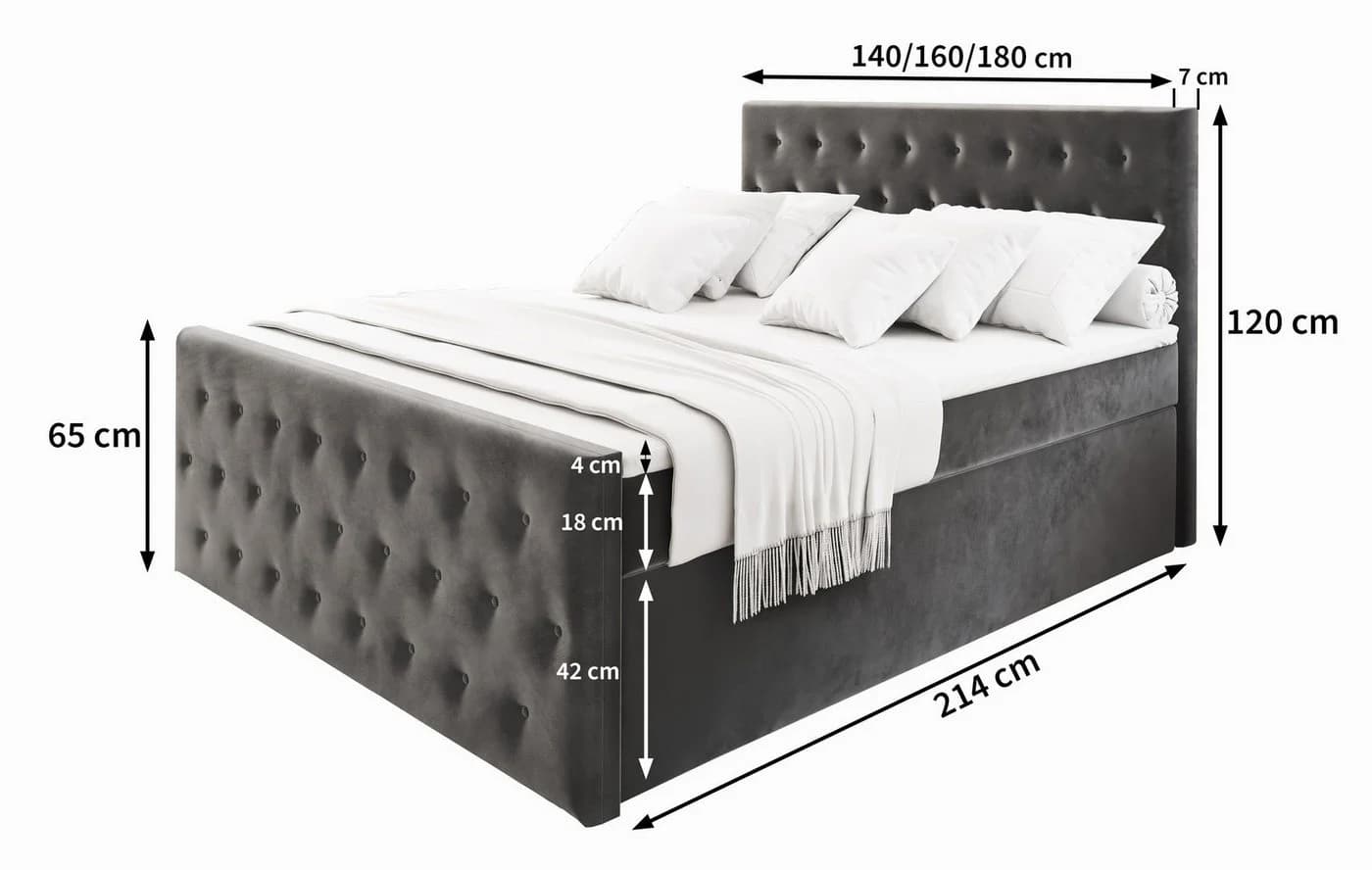 Masseno Boxbett FONDI mit Bonell Matratze und Topper Grau - Bild 3