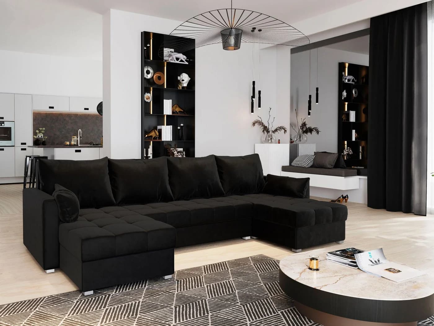 Masseno Ecksofa NAKO U-Form mit Schlaffunktion und Bettkasten Schwarz - Bild 2