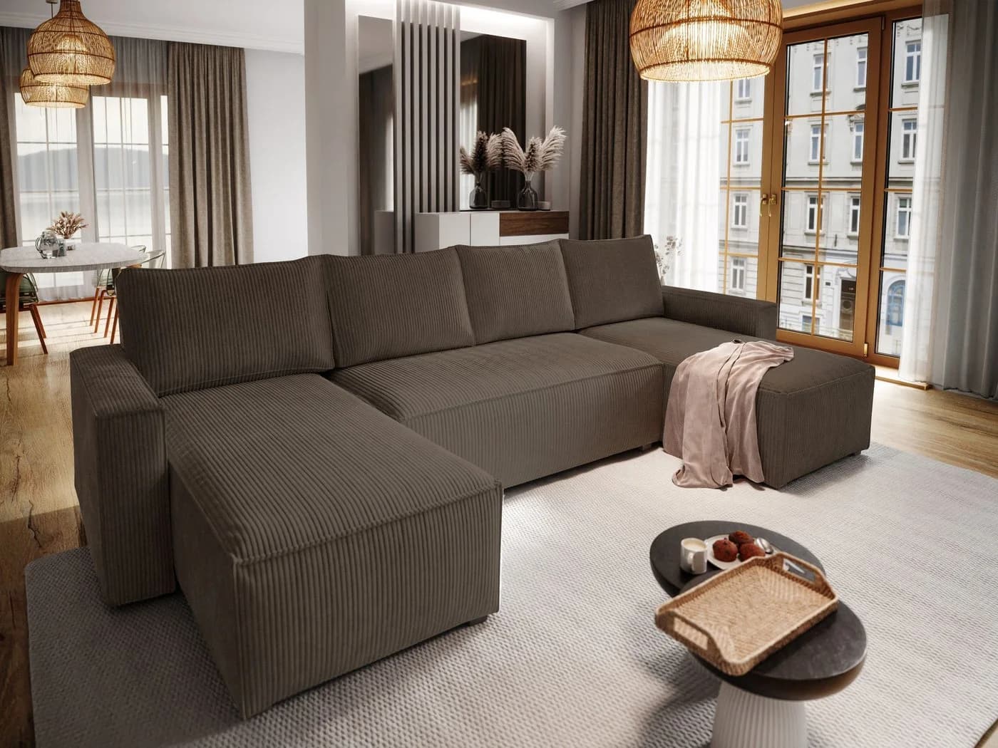 Masseno Ecksofa ASPRA U-Form mit Schlaffunktion und Bettkasten Braun - Bild 2