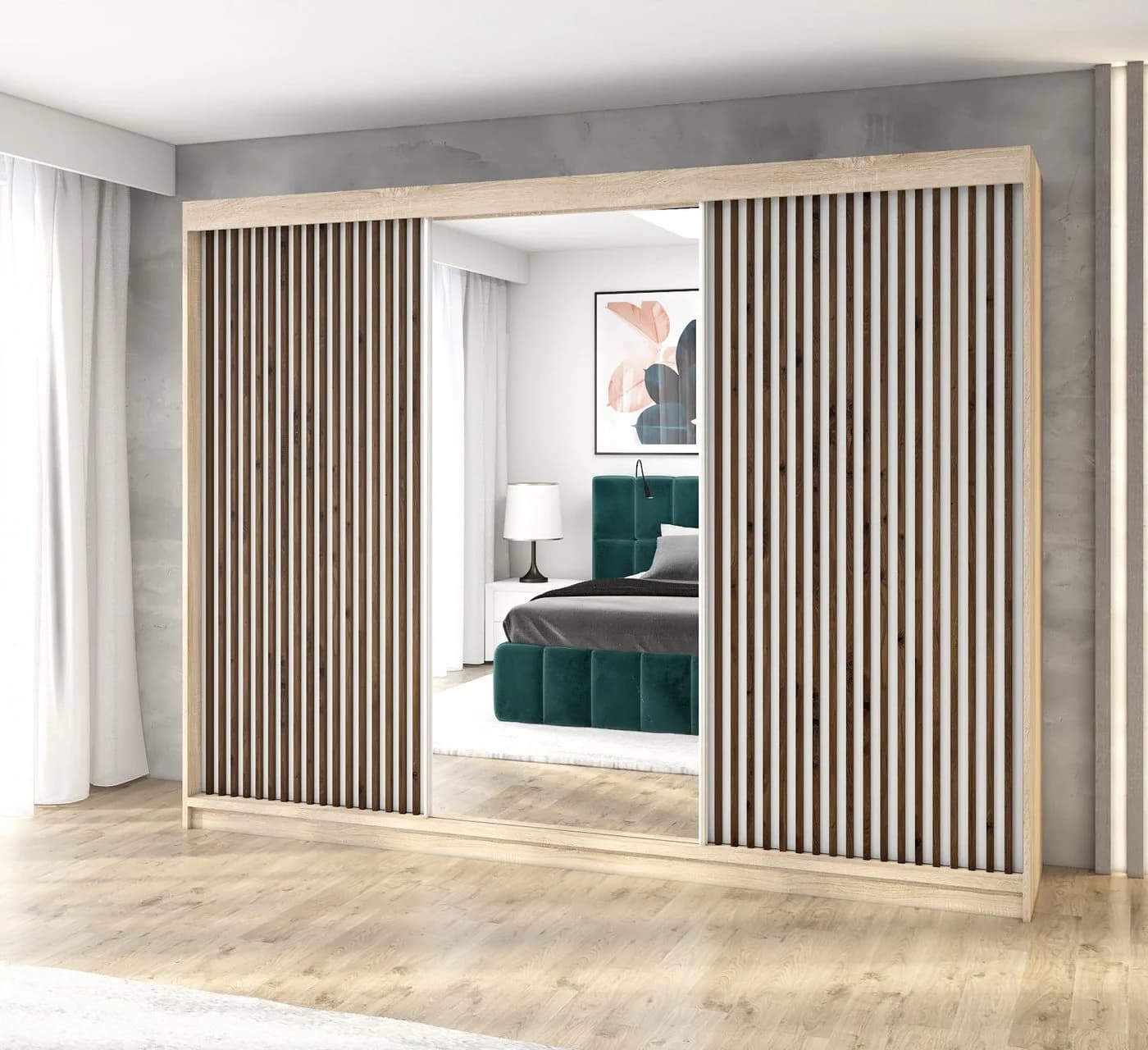 A&J MöbelLand Schiebetürenschrank FARA 200 cm mit Spiegel und 4 Schubladen