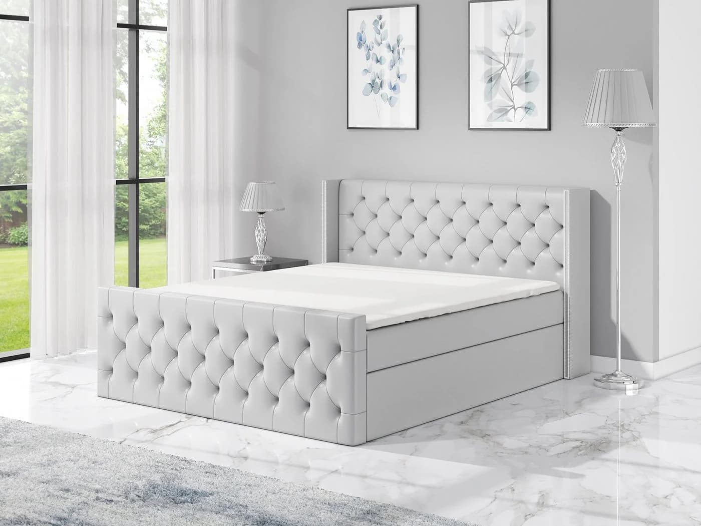 A&J MöbelLand Boxspringbett mit Bettkasten, Topper & Bonell-Matratze Silber