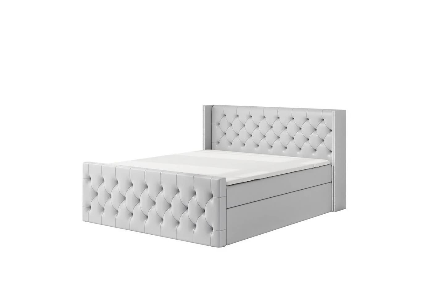 A&J MöbelLand Boxspringbett mit Bettkasten, Topper & Bonell-Matratze Silber - Bild 2