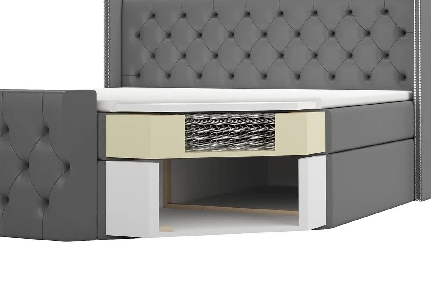 A&J MöbelLand Boxspringbett mit Bettkasten, Topper & Bonell-Matratze Silber - Bild 4