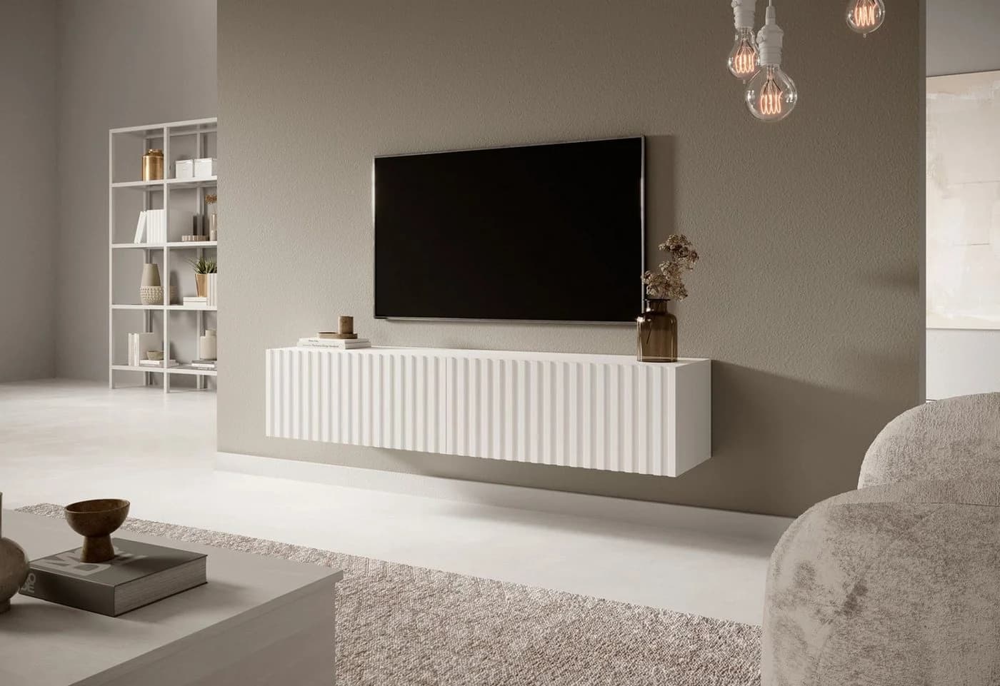 Selsey TV-Schrank TELIRE Hängend Weiß Lamellenfronten