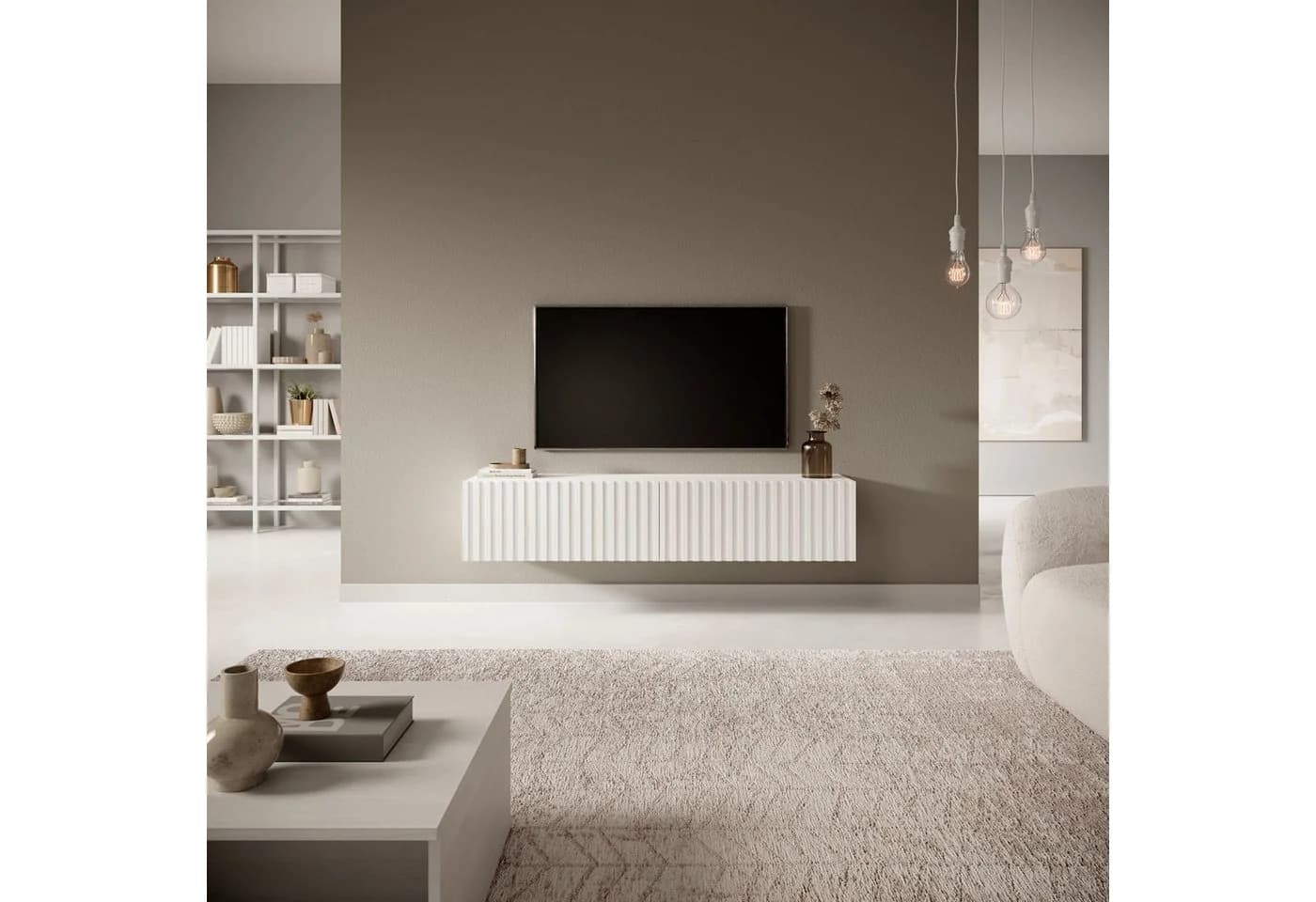 Selsey TV-Schrank TELIRE Hängend Weiß Lamellenfronten - Bild 2