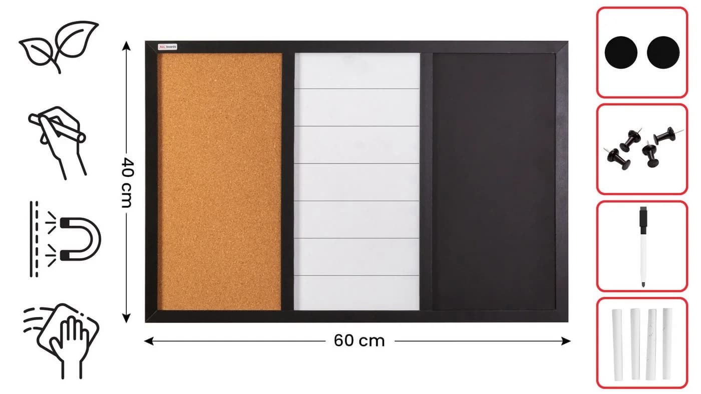 ALLboards 3-in-1 Magnettafel Whiteboard Kreide Pinnwand 60x40cm