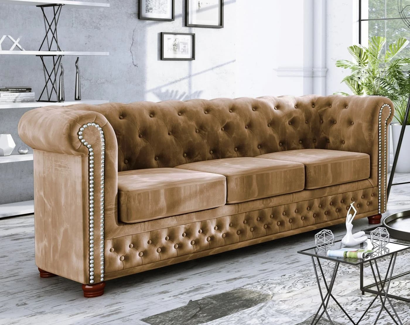 S-Style Möbel Chesterfield-Sofa Leeds 3-Sitzer Beige Samtstoff - Bild 2