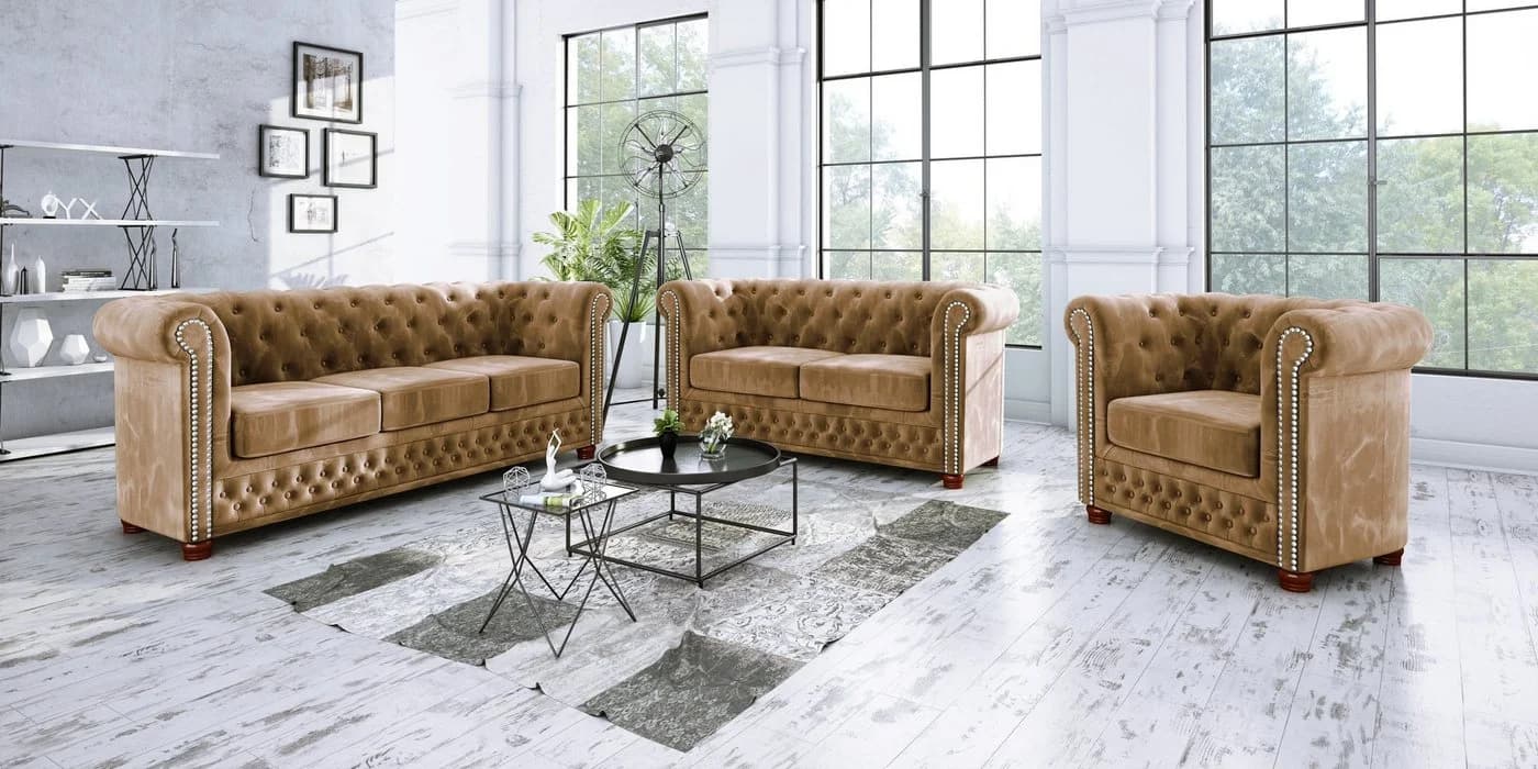 S-Style Möbel Chesterfield-Sofa Leeds 3-Sitzer Beige Samtstoff - Bild 4